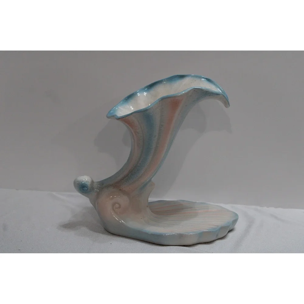 Vintage Blue Pink Ceramic Cornucopia Shell Vase Scalloped Coastal Decor